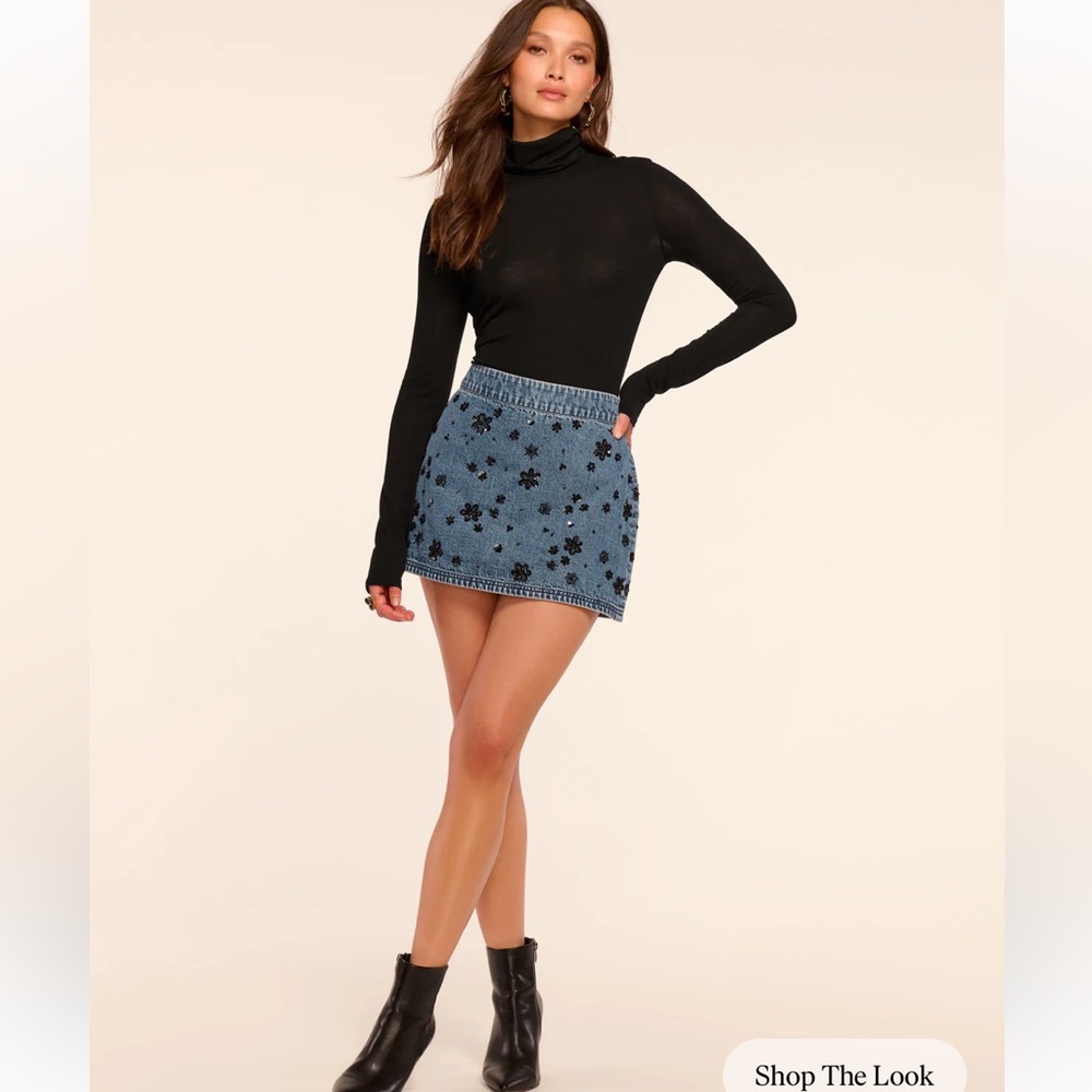 Ramy Brook Blue Denim Skirt with Black Floral Embroidery